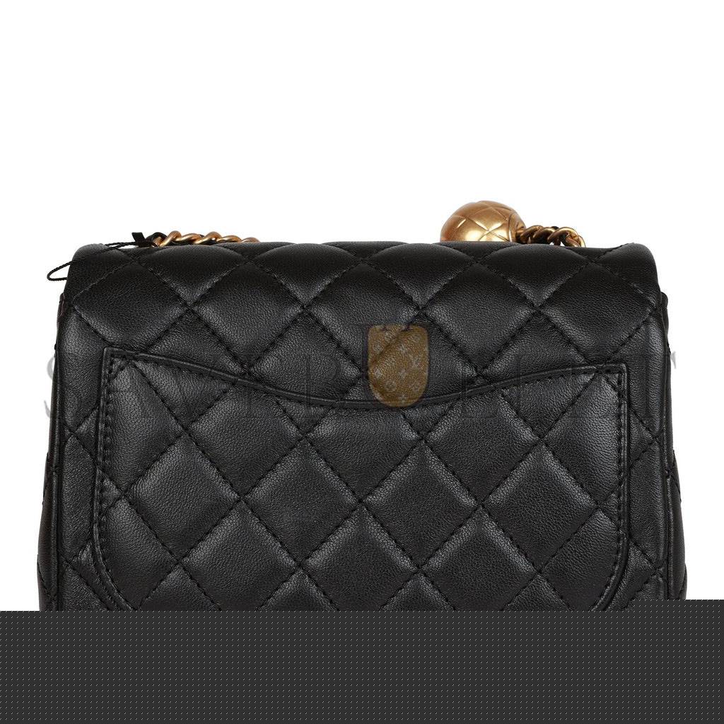 Ch*el pearl crush mini square flap bag black lambskin antique gold hardware (17*14*8cm)