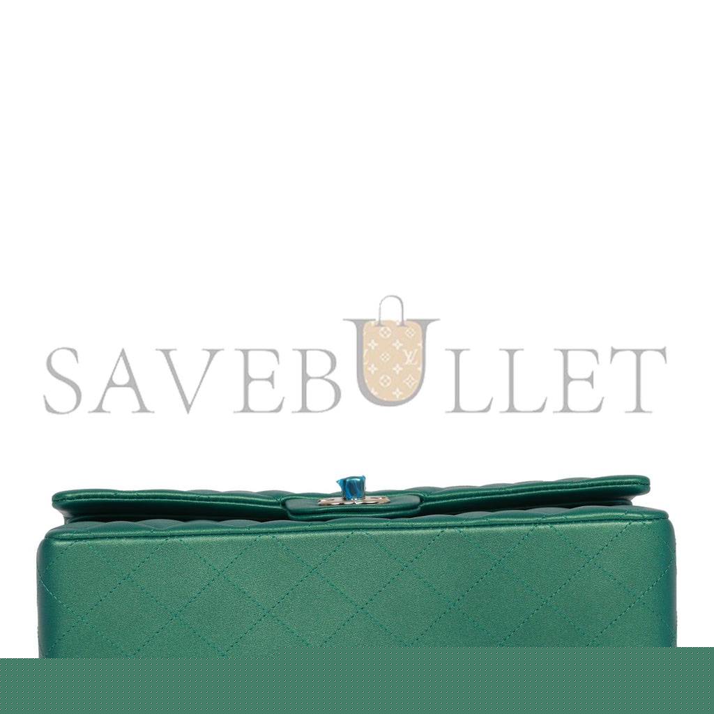 Ch*el medium classic double flap bag green iridescent lambskin light gold hardware (25*15*7cm)