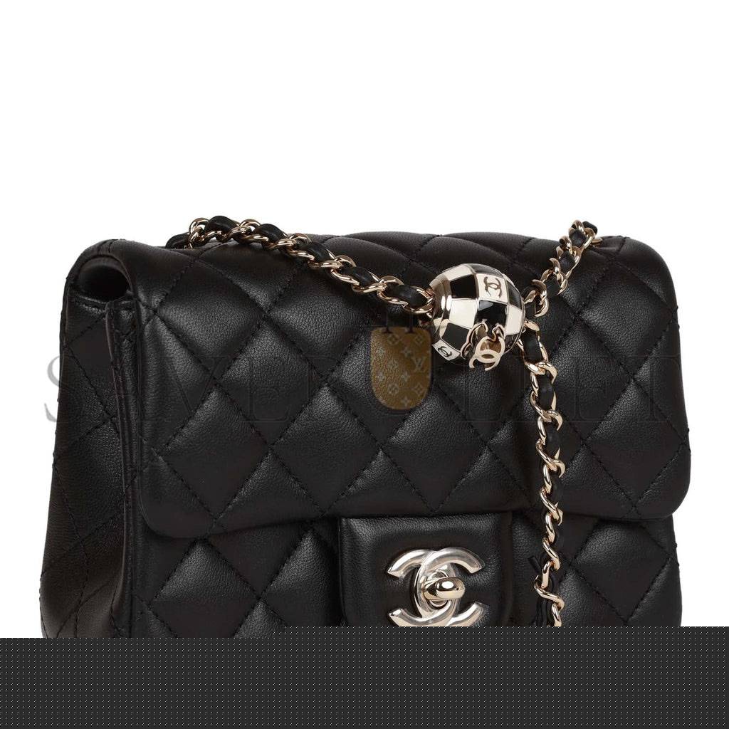 Ch*el pearl crush mini square flap bag black lambskin light gold hardware (17*14*8cm)