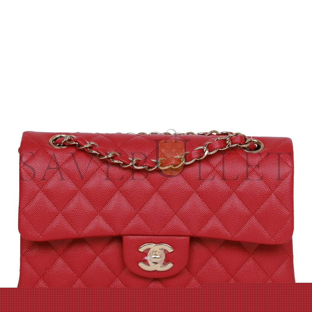 Ch*el small classic double flap dark pink caviar light gold hardware (23*13*6cm)