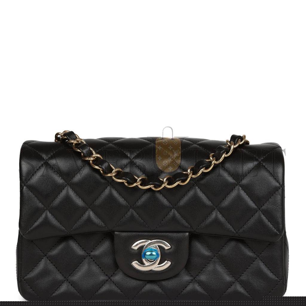 Ch*el mini rectangular flap bag black lambskin light gold hardware (20*13*6cm)