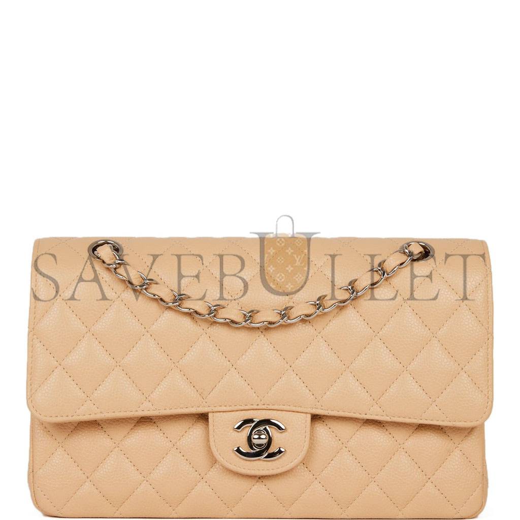 Ch*el medium classic double flap bag beige caviar silver hardware (25*15*7cm)