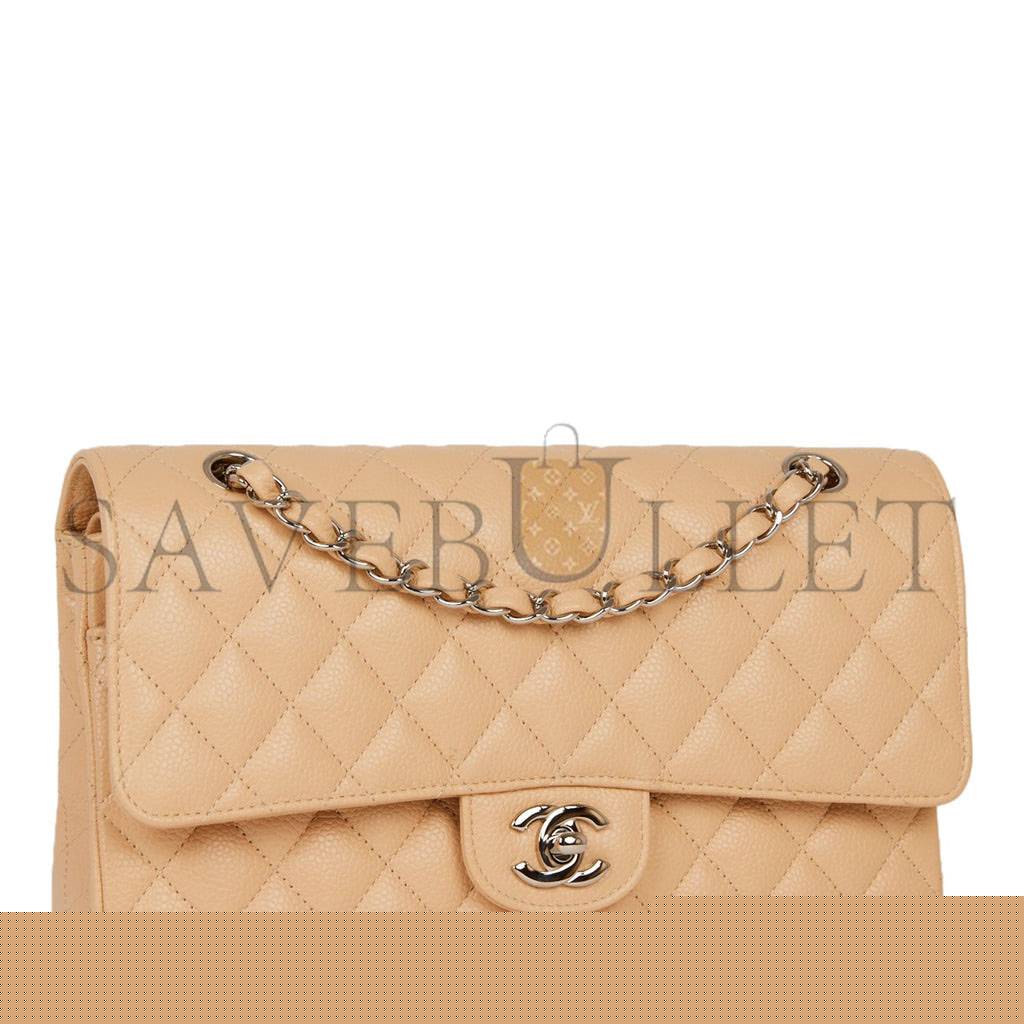 Ch*el medium classic double flap bag beige caviar silver hardware (25*15*7cm)