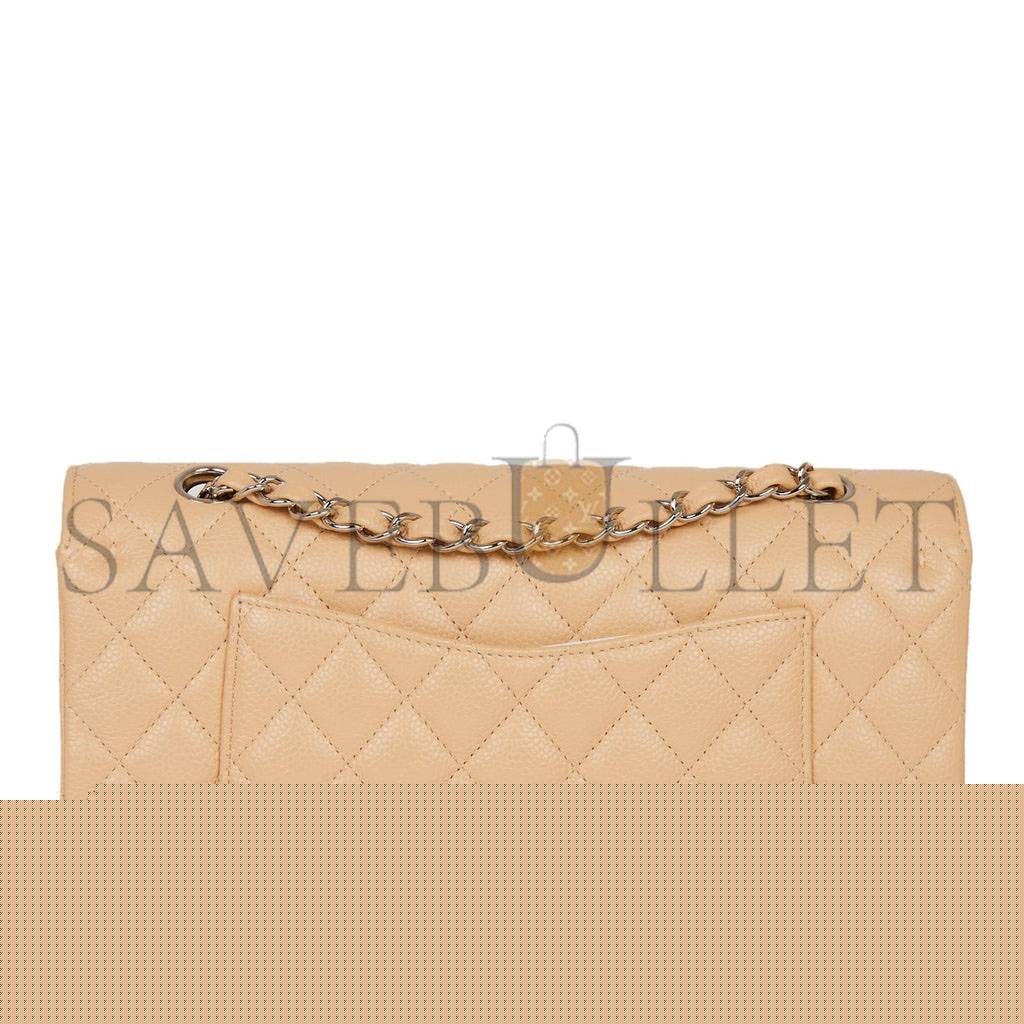 Ch*el medium classic double flap bag beige caviar silver hardware (25*15*7cm)
