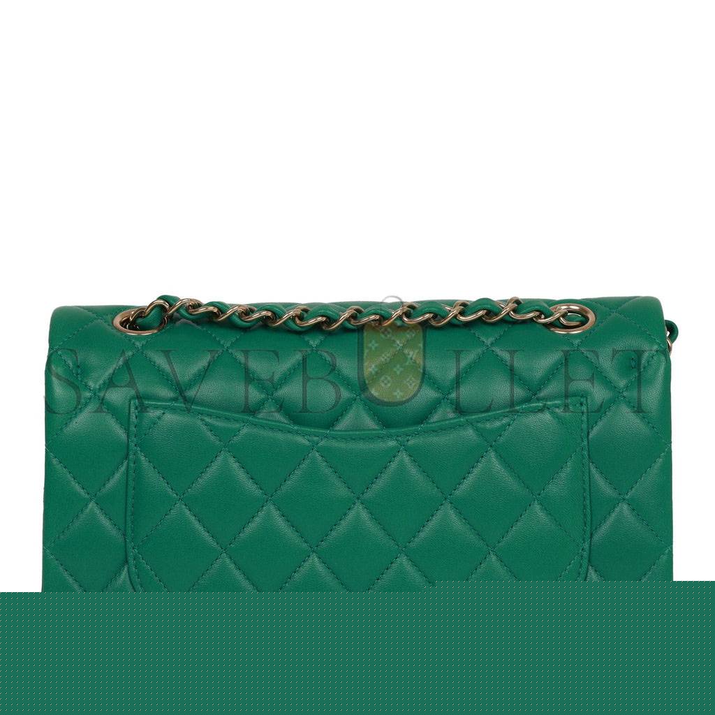 Ch*el small classic double flap bag green lambskin light gold hardware (23*13*6cm)