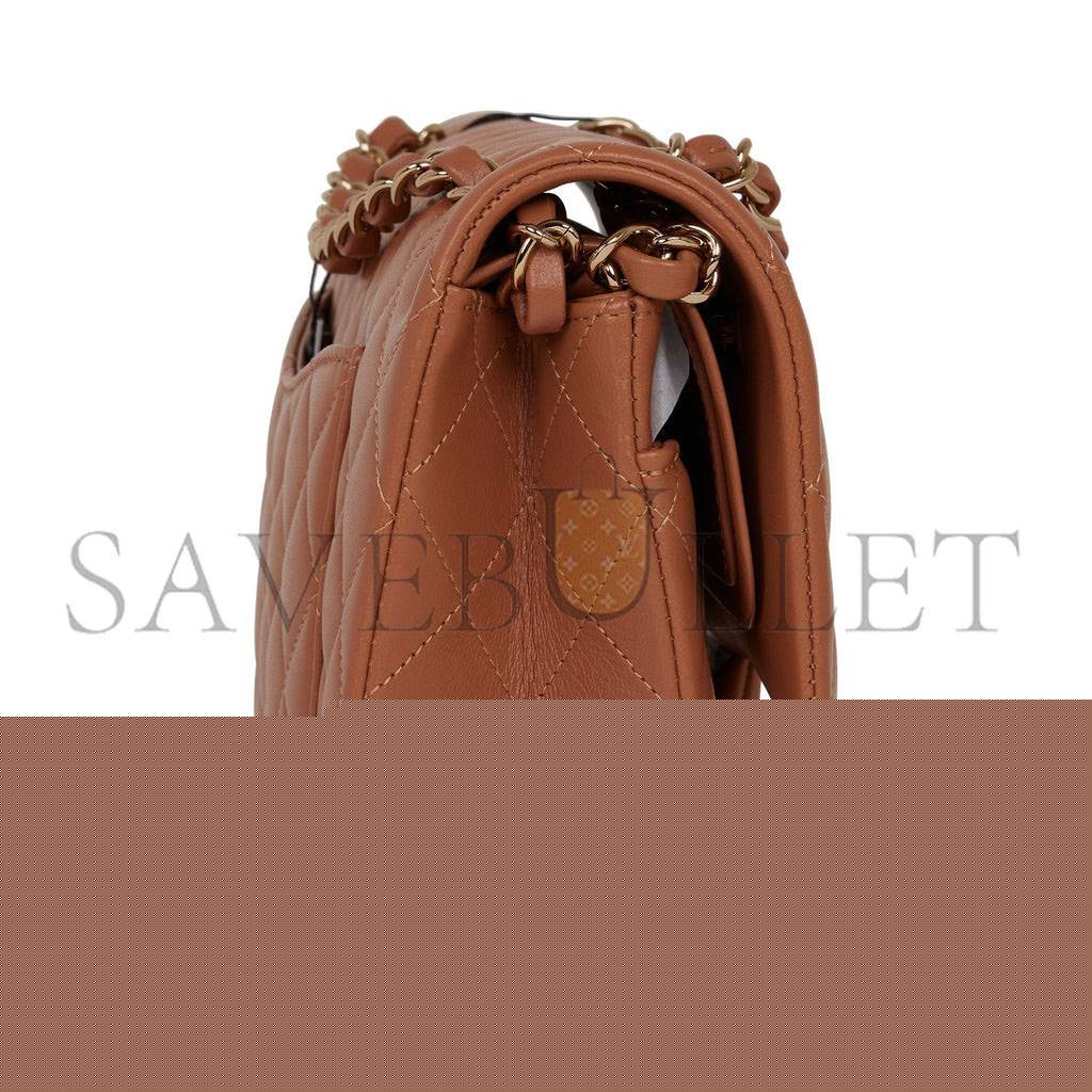Ch*el medium classic double flap bag caramel lambskin light gold hardware (25*15*7cm)