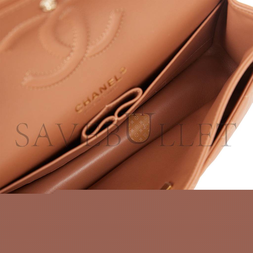 Ch*el medium classic double flap bag caramel lambskin light gold hardware (25*15*7cm)