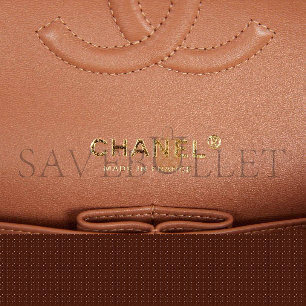 Ch*el medium classic double flap bag caramel lambskin light gold hardware (25*15*7cm)