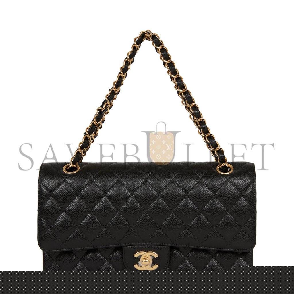 Ch*el medium classic double flap bag black quilted caviar gold hardware (25*15*7cm)