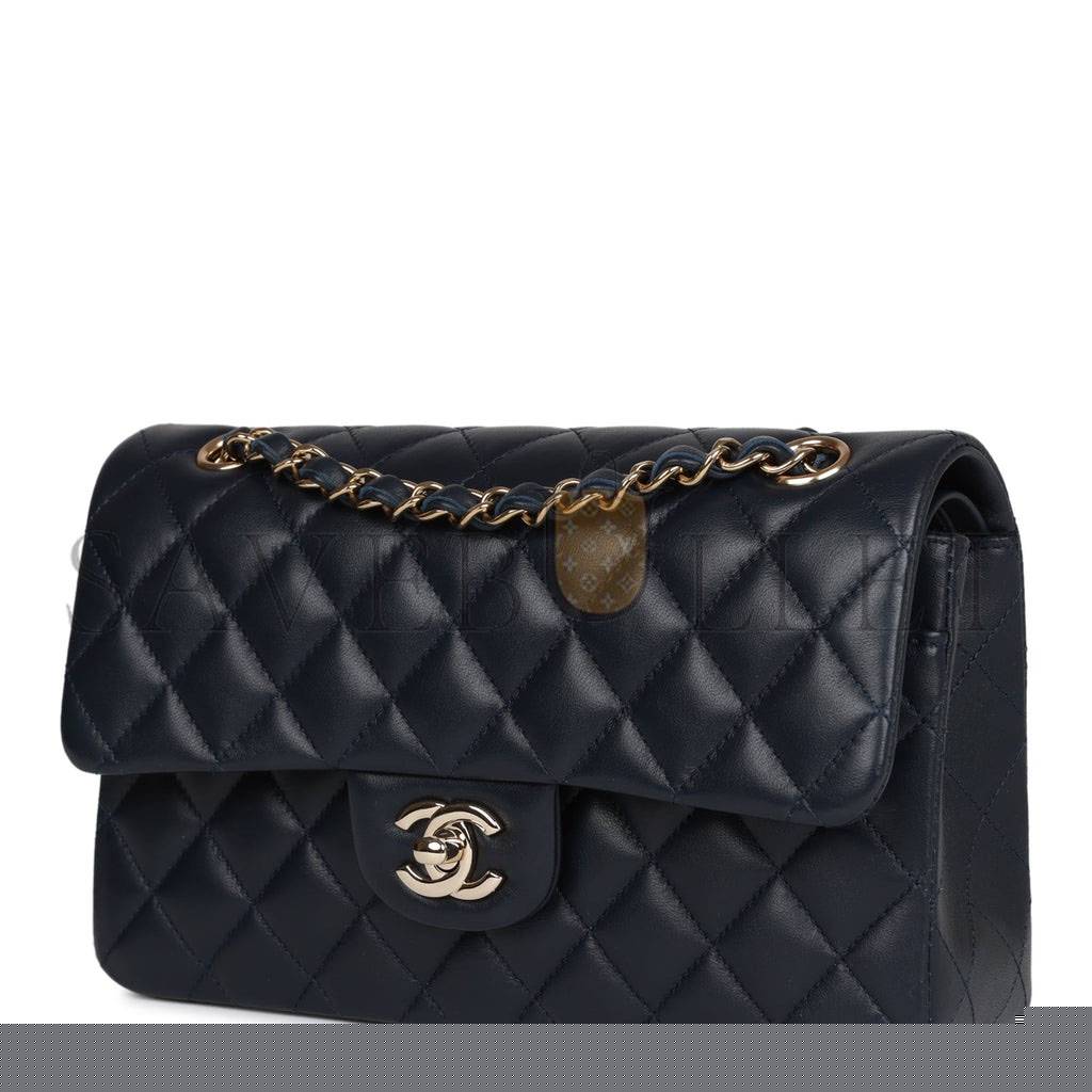 Ch*el small classic double flap navy lambskin light gold hardware (23*13*6cm)