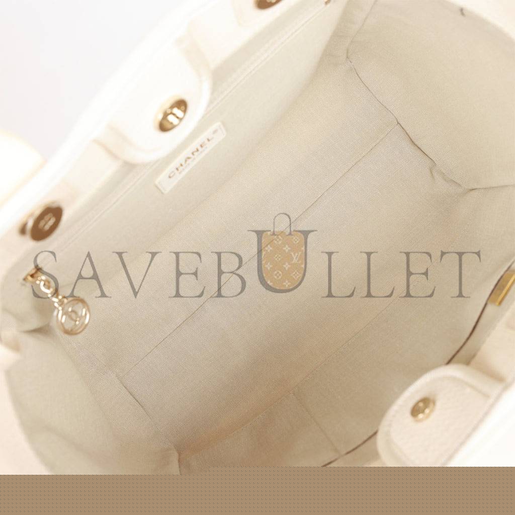Ch*el large deauville shopping bag white boucle light gold hardware (41*28*15cm)