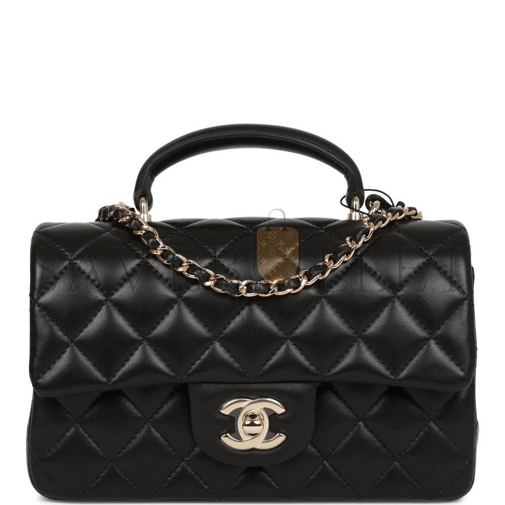 Ch*el mini rectangular flap bag with top handle black lambskin light gold hardware (22*15*8cm)