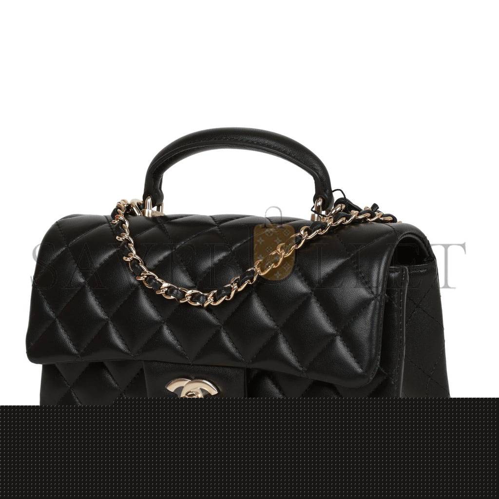 Ch*el mini rectangular flap bag with top handle black lambskin light gold hardware (22*15*8cm)