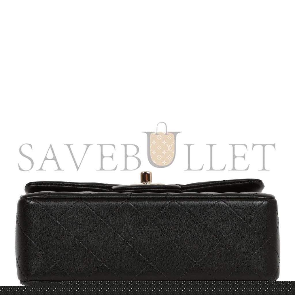 Ch*el mini rectangular flap bag with top handle black lambskin light gold hardware (22*15*8cm)