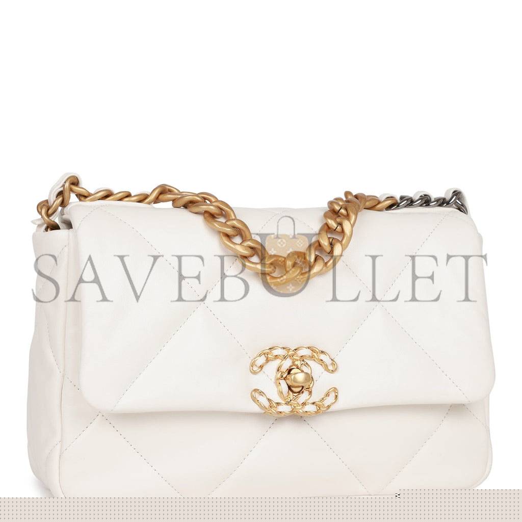 Ch*el medium 19 flap bag white calfskin mixed hardware (25*16*9cm)