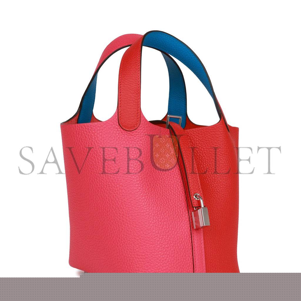 H**mes picotin lock 18 casaque rouge de coeur, rose extreme and bleu zanzibar clemence palladium hardware (18*13*18cm)