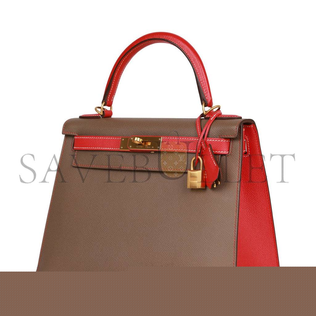 H**mes special order (hss) kelly sellier 28 etoupe and rouge tomate epsom brushed gold hardware (28*22*10cm)