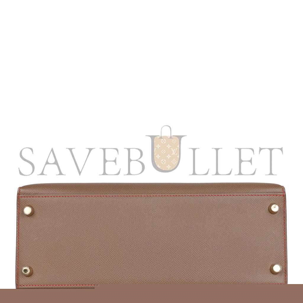 H**mes special order (hss) kelly sellier 28 etoupe and rouge tomate epsom brushed gold hardware (28*22*10cm)