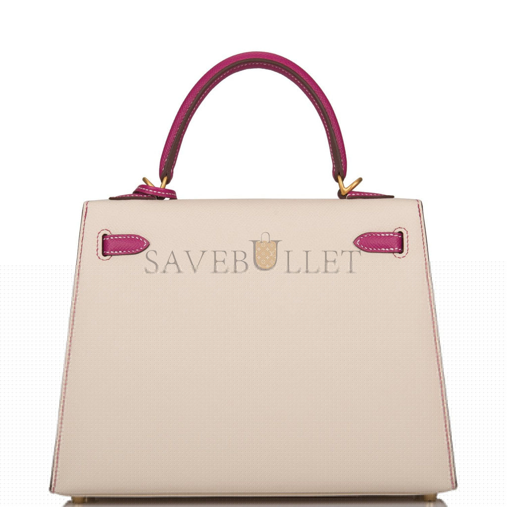 H**mes special order (hss) kelly sellier 25 rose pourpre and craie epsom brushed gold hardware handmade(25*17*7cm)