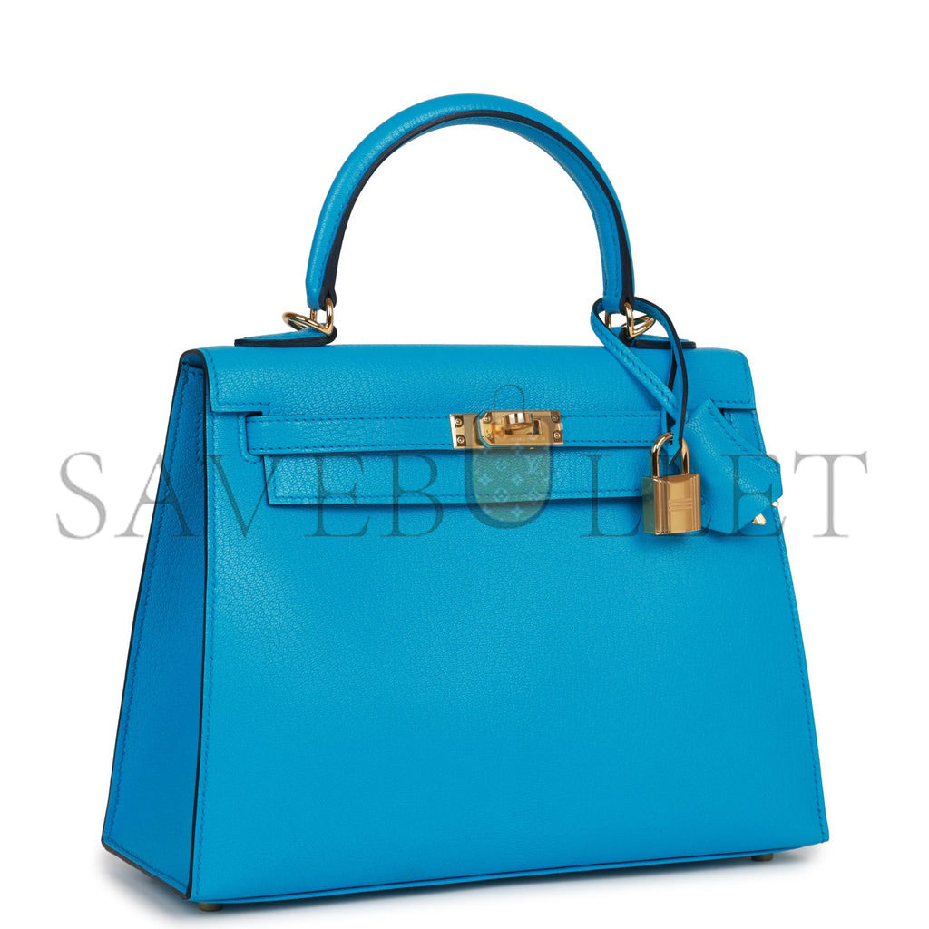 H**mes kelly sellier 25 bleu frida chevre gold hardware   (25*17*7cm)