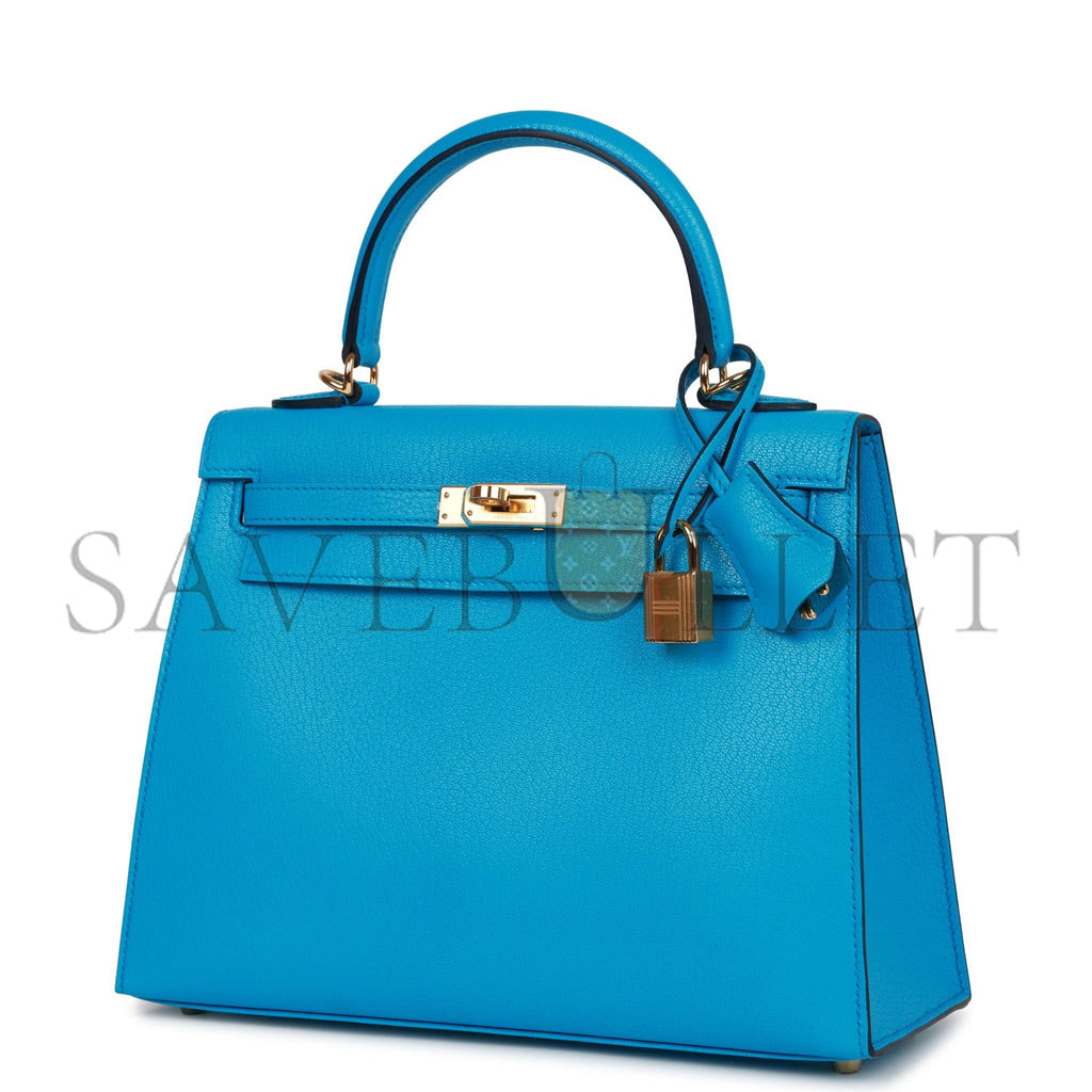 H**mes kelly sellier 25 bleu frida chevre gold hardware   (25*17*7cm)