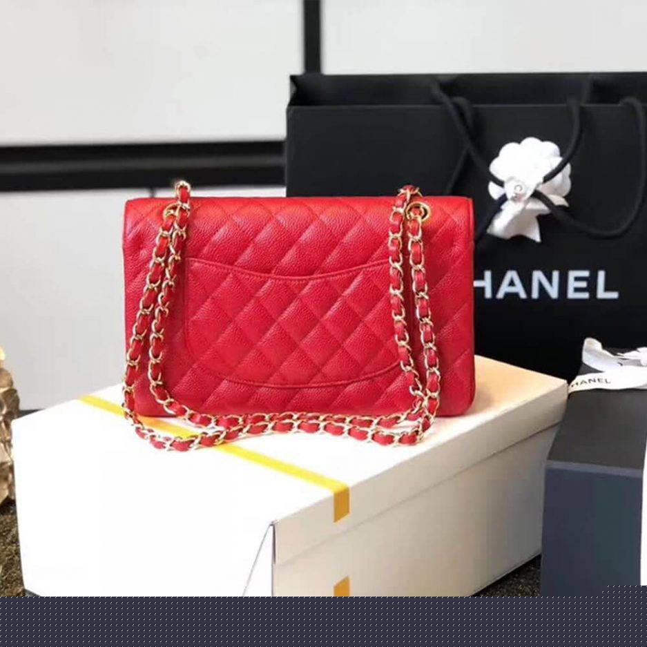 Ch*el classic flap small red caviar leather gold hardware (23*14.5*6cm)