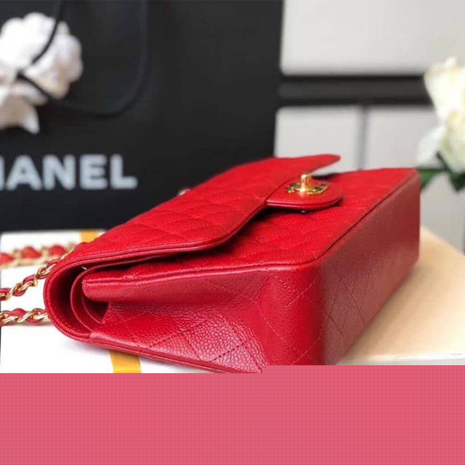 Ch*el classic flap small red caviar leather gold hardware (23*14.5*6cm)