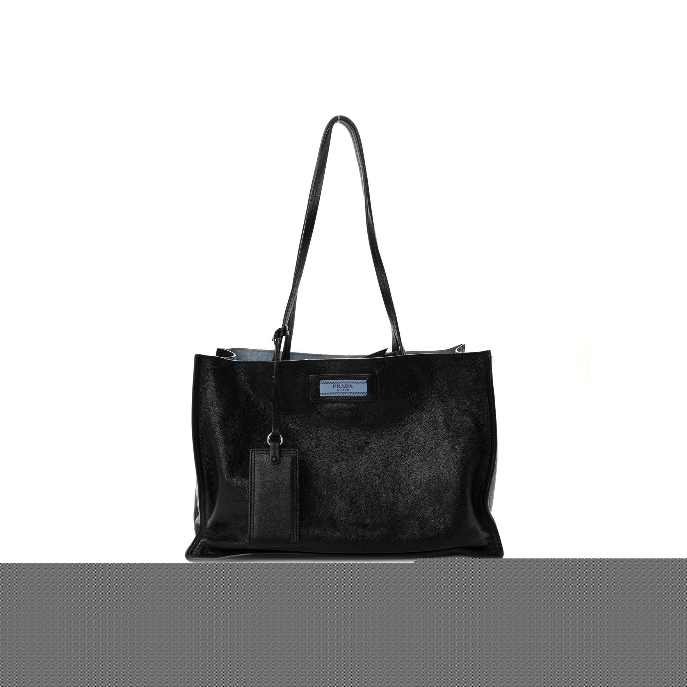 Pra*a glace calfskin etiquette shopping bag black astrale (33*22*16cm)