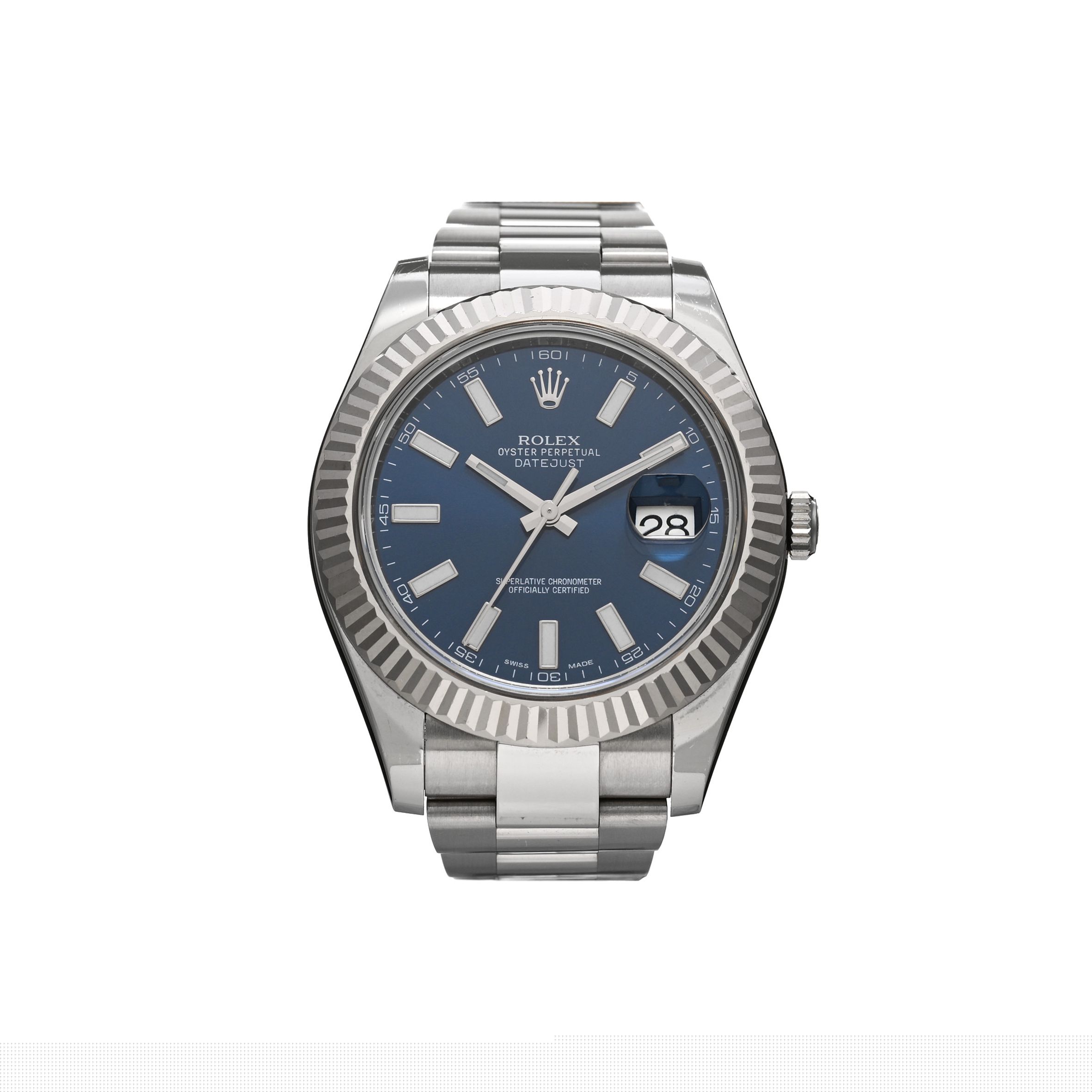 ROLEX STAINLESS STEEL 18K WHITE GOLD 41MM OYSTER PERPETUAL DATEJUST WATCH BLUE 116334