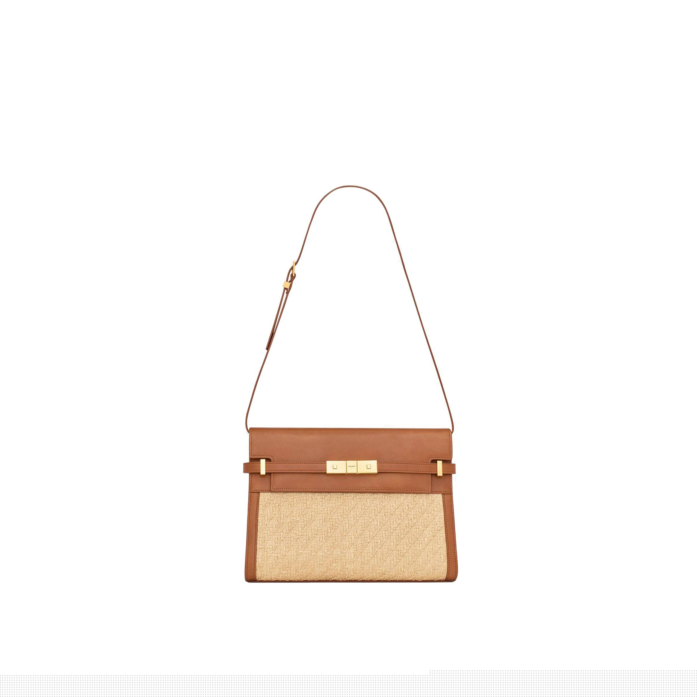 YSL MANHATTAN SHOULDER BAG IN RAFFIA AND VEGETABLE-TANNED LEATHER 579271FAA7D9783 (29*20*7.5cm)