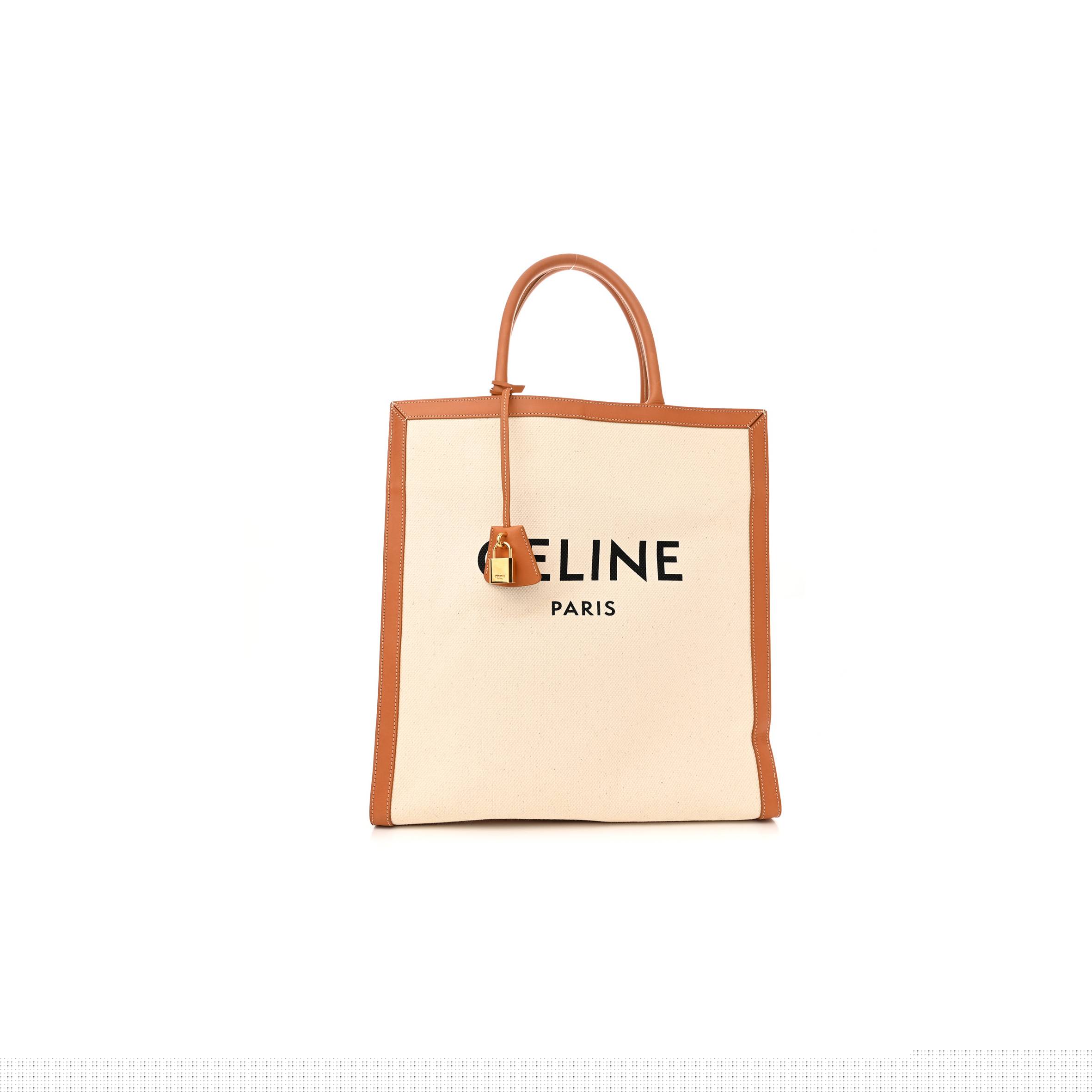 Ce**e canvas calfskin logo print vertical cabas natural tan (39*36*9cm)