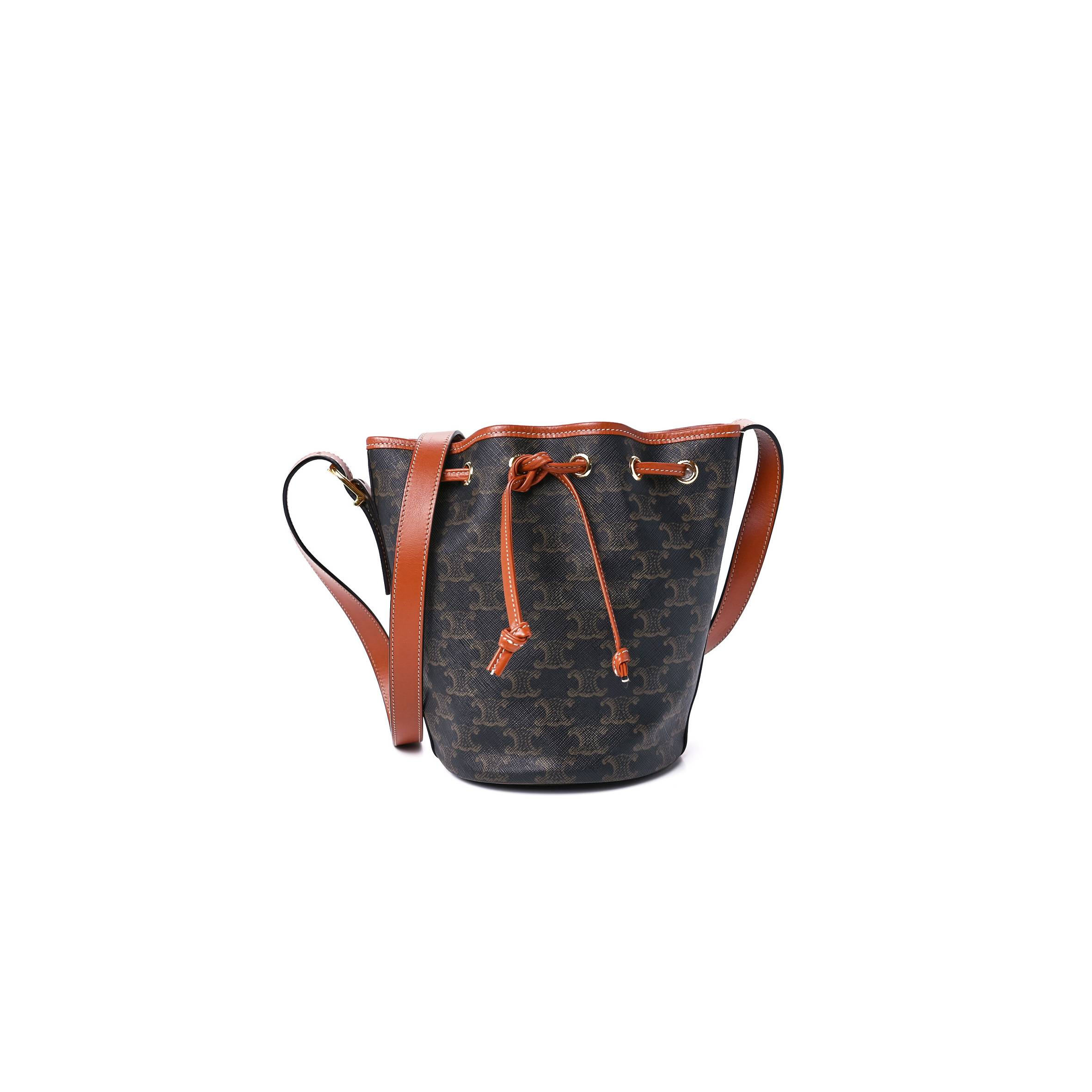 Ce**e triomphe canvas calfskin small drawstring bucket bag tan (21*15*15cm)