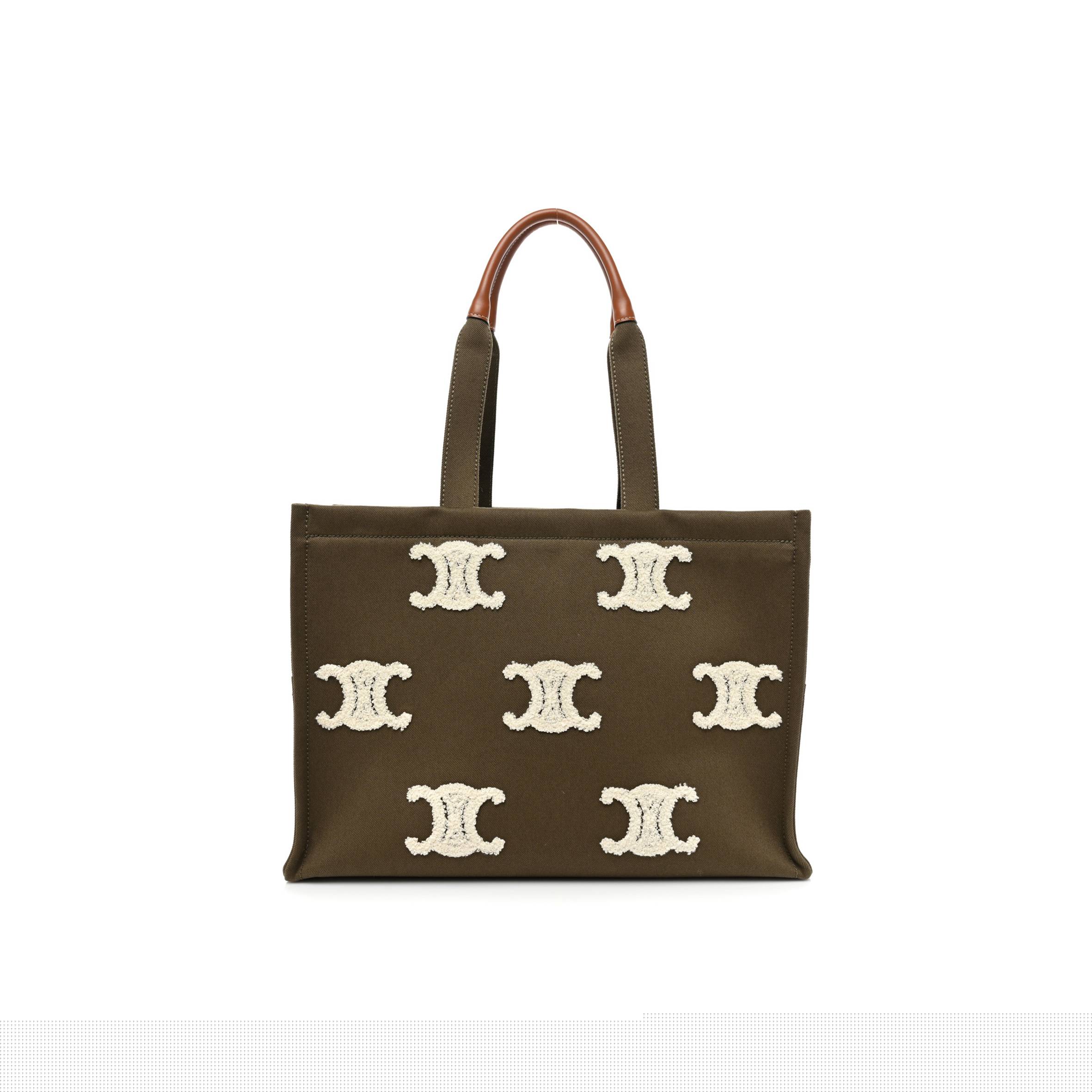Ce**e canvas calfskin embroidered triomphe large cabas thais khaki tan (41*29*17cm)