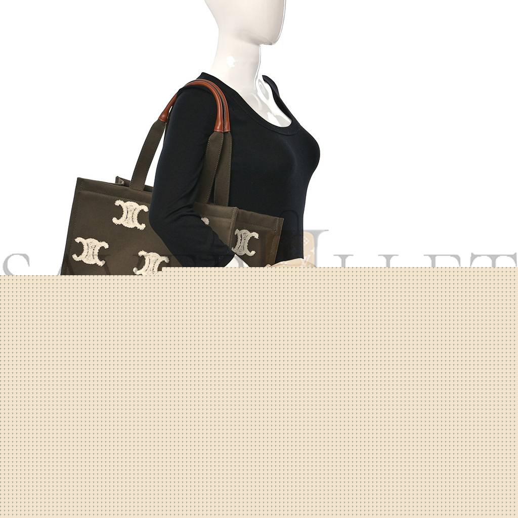 Ce**e canvas calfskin embroidered triomphe large cabas thais khaki tan (41*29*17cm)
