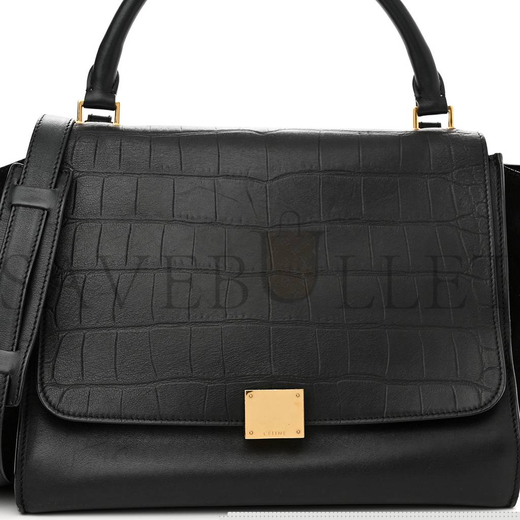 Ce**e crocodile embossed calfskin suede medium trapeze black (30*25*18cm)