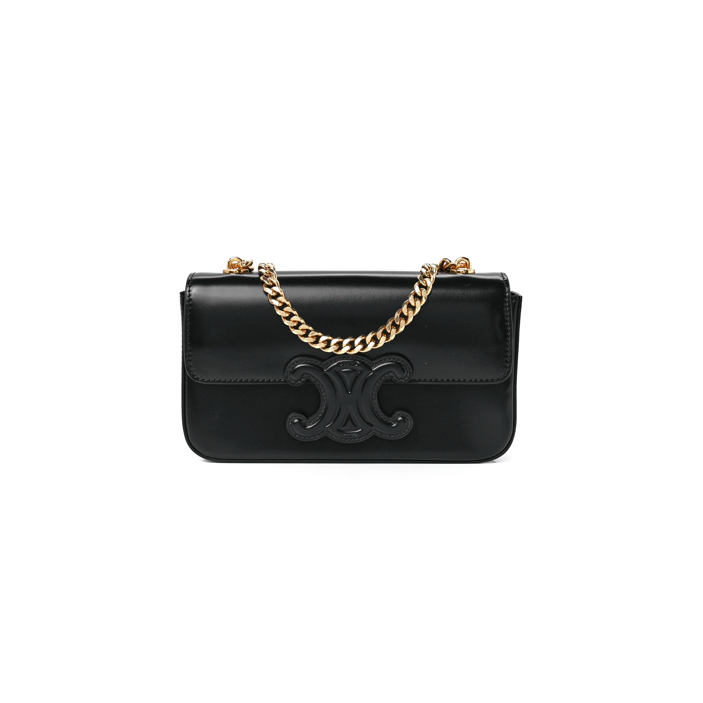 Ce**e shiny calfskin cuir triomphe chain shoulder bag black (20*11*4cm)