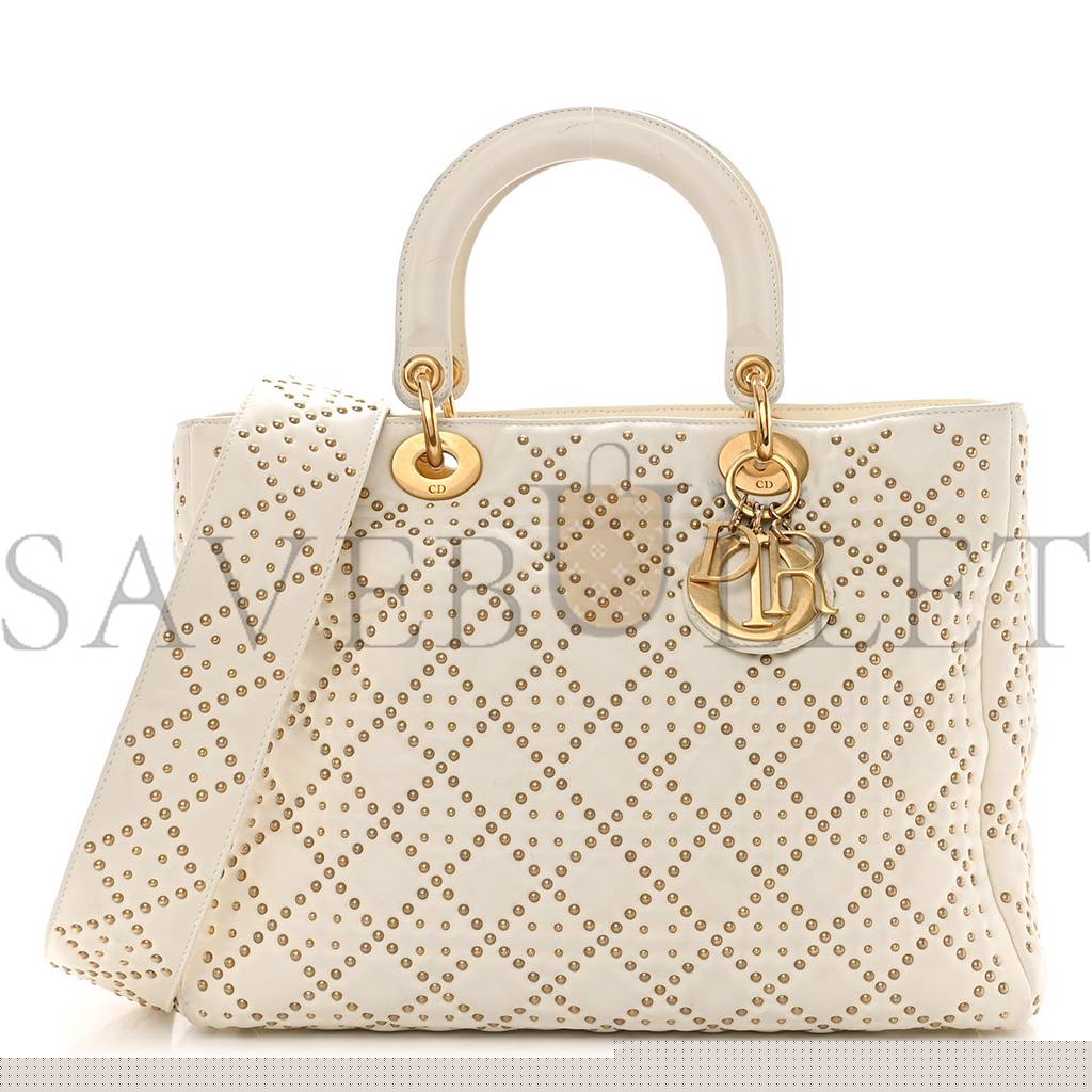 D*or lambskin cannage studded large supple lady D*or white (30*25*11.4cm)