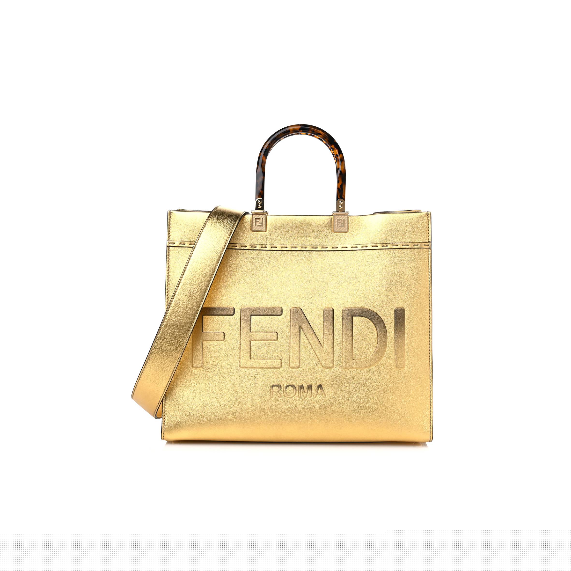 F**di vitello catalan mirror plexiglass logo embossed medium F**di sunshine shopper tote gold (36*30*14cm)